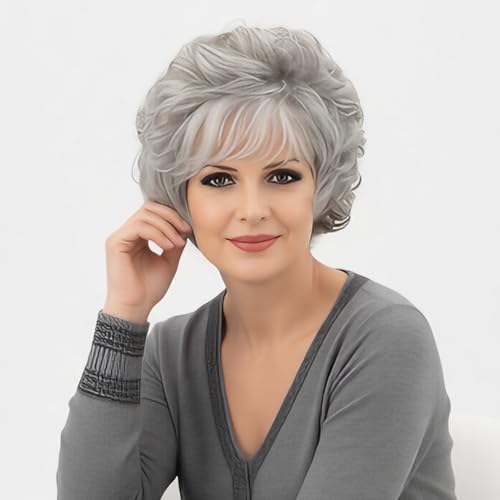 RENERSHOW Short Grey Curly Wig for White Women with Bangs