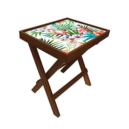 Image of Nutcase Designer Teak Wood Side Table Folding Wooden Bedside Coffee Outdoor Picnic Table - Flamingoes Floral