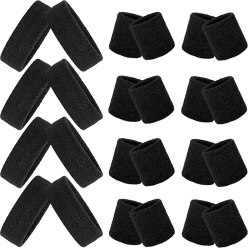Image of 24 Pieces 80s Neon Sweatbands Set, Include 8 Sports Headbands and 16 Sweat Wristbands Elastic Athletic Tennis Sweat Bands Bulk for Man Woman