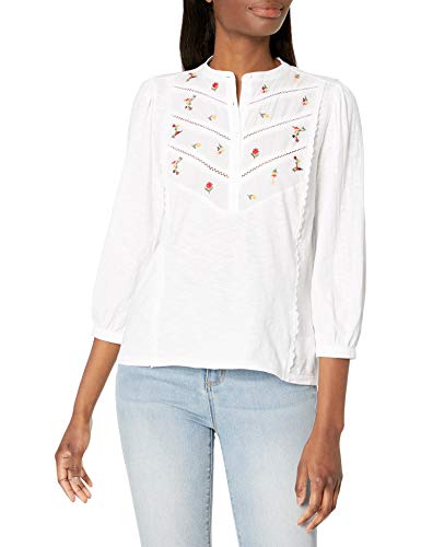 Lucky Brand Women's 3/4 Sleeve Henley Embroidered Top, Lucky White, X-Large