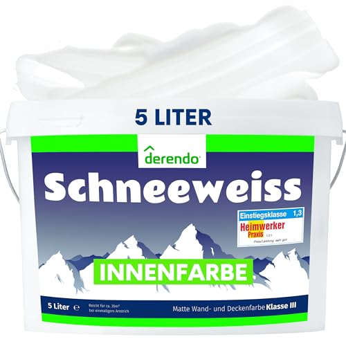 derendo Schneeweiss Wandfarbe hohe Deckkraft 5l Innenfarbe weiß matt ausbessern Testsieger Wände streichen ohne tropfen hochdeckend innen weiss 5 Liter