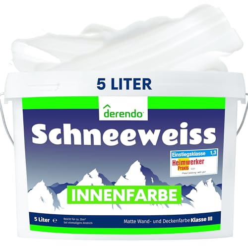 derendo Schneeweiss wandfarbe weiß hohe deckkraft 5l innenfarbe weiß matt wandfarbe ausbessern Testsieger wände streichen ohne tropfen hochdeckend innen wandfarbe weiss 5 Liter