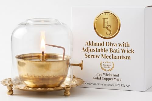 Image of Ein Sof Akhand Diya with Adjustable Bati for Pooja (5 inches), Large Size Brass Diyas with Wick Lifting Screw Lever & Borosilicate Glass Cover for Home Decoration, Puja & Gifting (250ml, 48 Hour)