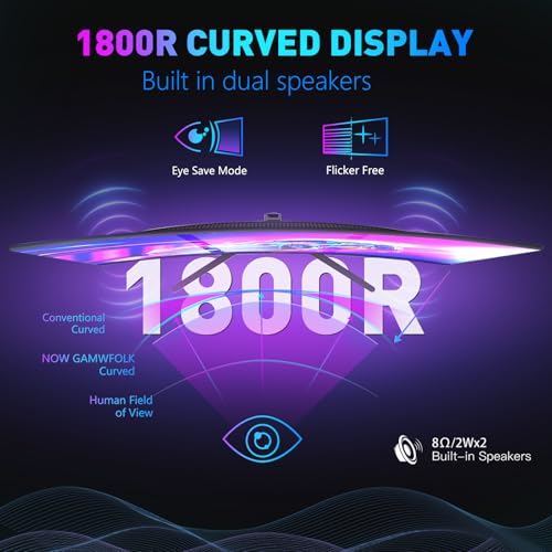 Image of 24 Inch Curved 1080P Gaming Monitor, 1800R FHD 100Hz Computer Monitor, 3ms Response Time, FreeSync, Eye-Care, HDMI /DP, Built-in Speakers, VESA Mount