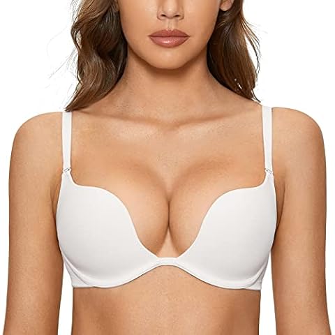 DOBREVA Women's Push Up Bra Plunge Low Back Halter Convertible Padded Underwire White 36D Cover