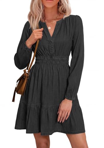 Image of Simplee Womens Fall Denim Dress Casual Long Sleeve V Neck Empire Waist Ruffle A Line Flowy Short Jean Dresses with Pockets
