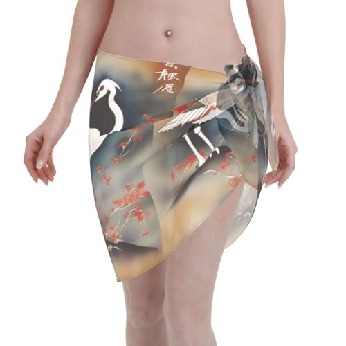 Pareo de verano con dos grullas japonesas volando con pintura tradicional para mujer, suave y sedoso, traje de baño, falda envolvente, Negro, talla única