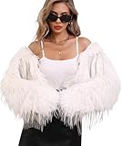 RISISSIDA Women Trendy Shaggy Faux Fur Jacket, Long Sleeve Cropped Style, Short Faux Fleece Plush Fuzzy Fluffy Furry Fashion Winter Fall Outerwear Off White 822 XS
