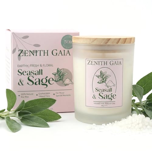 Zenith Gaia Duftkerze Meersalz & Salbei – Handgegossen aus natürlichem Sojawachs mit Holzdeckel – Frischer, beruhigender Duft – Vegane Aromakerze im Glas, 180 g, Geschenkidee für Entspannung & Achtsam