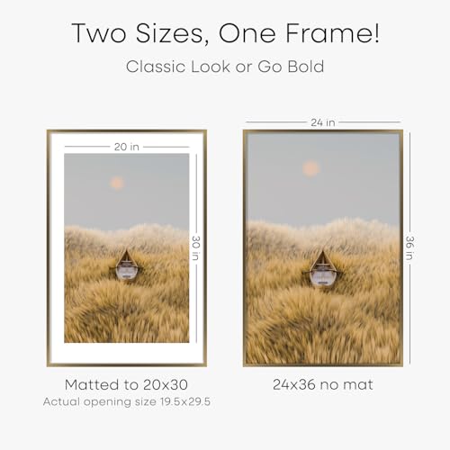 Image of Homeforia 24x36 Picture Frame Bronze, High End Metal 24 x 36 Large Poster Frames with Mat 20 by 30 Photo, 24x36 Brass Frame Matted to 20x30 Print, 36x24 Thin Frames, Tempered Glass, Wall Kit, Set of 1