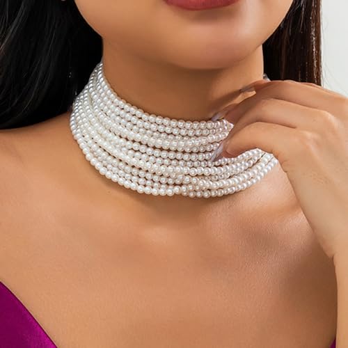Octwine Boho Round Imitation Pearl Large Layered Choker Necklace Multi Strands Vintage Choker 1920s Bridal Wedding Christmas Vintage Shiny Necklace for Women (Silver 2)3