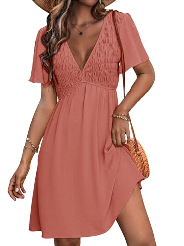 Simplee Womens Summer Casual V Neck Dress Sexy Short Sleeve Mini Sundress Boho Western Empire Waist Pocket Dresses 2025 (Rust Red,Medium)
