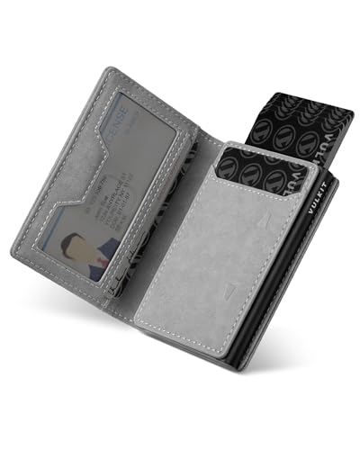 VULKIT Porta Carte Credito Uomo con Portamonete, Portatessere Tascabile Portafoglio Piccolo Protezione RFID, Regalo Uomo Originale, Grigio