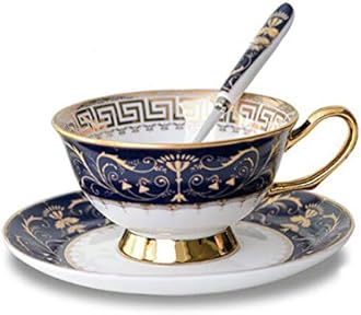 YBK Tech Euro Style Bone China Cup& Saucer Set, Ceramic Tea Coffee Cup for Home Kitchen Wedding (Royal Pattern- Deep Blue)