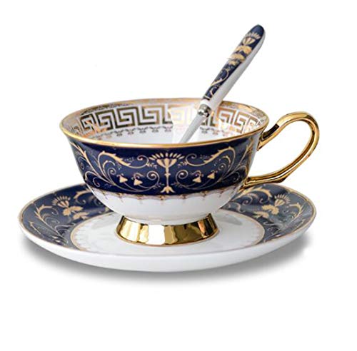 YBK Tech Ensemble tasse et soucoupe style européen en porcelaine anglaise pour thé, café et cuisine Motif royal Bleu foncé Cover