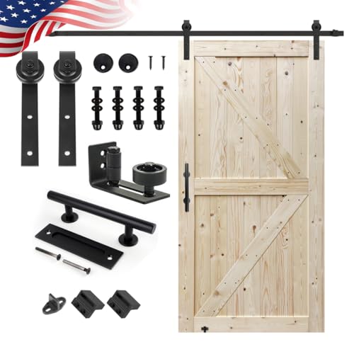 Image of S&Z TOPHAND 40in x 84in Unfinished British Brace Knotty Barn Door with Sliding Hardware Kit /Solid Wood /Sliding Door /Double Surfaces /A Simple Assembly is Required