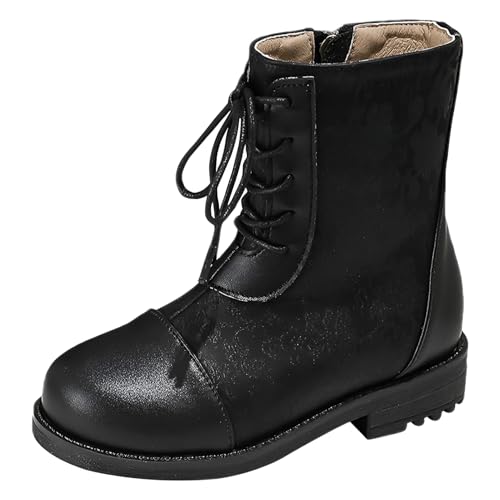 rismart Girl Mid Calf Motorcycle Boots Kid Riding Lace up Winter Shoes