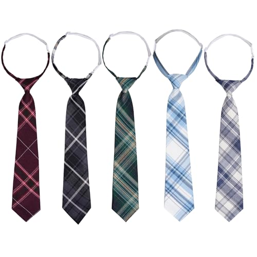 Sucrain - Sucrain 5pcs Boy's Necktie Pre-tied Adjustable Neck Strap Tie Plaid Zipper Tie for Wedding Graduation School Cosplay Uniforms (Black)