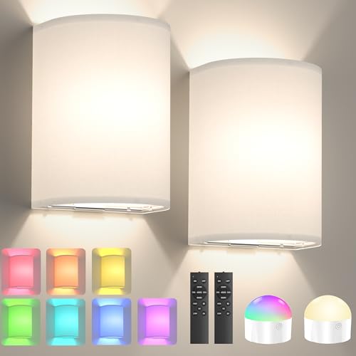 Image of Battery Operated Wall Sconce Set of Two: 10000mAh Wireless Wall Light with Rechargeable Magnetic Bulb - Dimmable Wall Lamp with 7 RGB Colors - Linen Shade Sconces with Remote for Bedroom Living Room