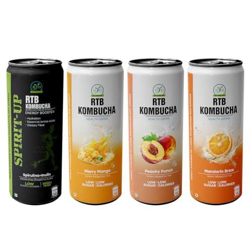 Image of RTB KOMBUCHA Health Drink Combo of 4-250ml Each (Spirulina, Mango, Peach & Orange) Helps in Immune System & Digestive System(Kombucha Culture, Fruit Pulp & Organic Sugar) Gluten Free, Non-GMO