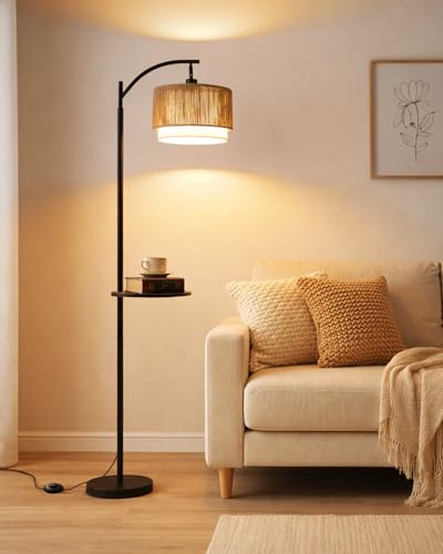 Wio-Mio Rattan Stehlampe mit Tisch für Wohnzimmer Standlampe mit Fußschalter Schwarze Boho Stehlampe mit doppeltem Stoffschirm 3 Lichtfarben Leuchtmittel inklusive