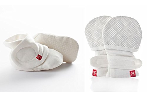 GoumiKids - Juego de manoplas y botines de algodón orgánico y bambú (medio/grande, con puntos de diamante), color crema