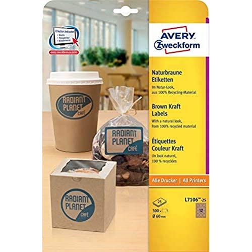 Avery Italia L7106-25 Etichette adesive rotonde, Diametro 60 mm, 25 Fogli per 300 Pezzi in totale, Colore Marrone naturale kraft