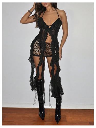 OYOANGLE Women's Lace Sheer Crop Halter Tops Ruffle Asymmetrical Hem Backless Y2k Cami Tops4