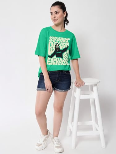 Image of LEOTUDE Women Cottonblend Drop Shoulder Oversized Round Neck Half Sleeve