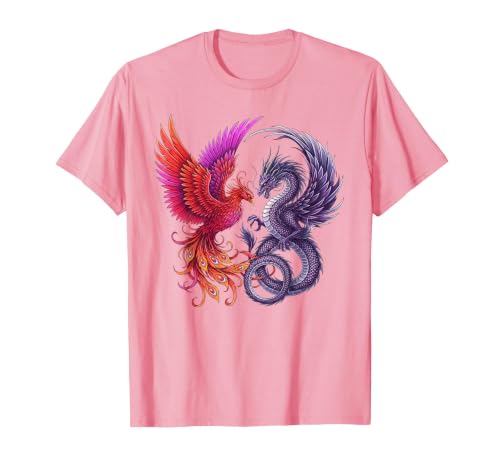 Mystical Phoenix and Dragon Swirl Yin Yang Design Men Women T-Shirt, Men, Pink, 3X-Large