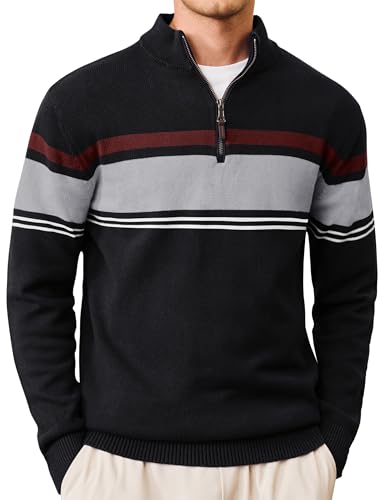 CRYSULLY Mens Sweater 1/4 Zip Cotton Polo Pullover Sweaters Casual Fall Winter Spring Striped Sweatshirts