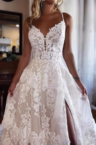 Lace Applique Wedding Dresses for Bride Spaghetti Straps V Neck Bridal Dress Backless Bridal Gown with Slit4