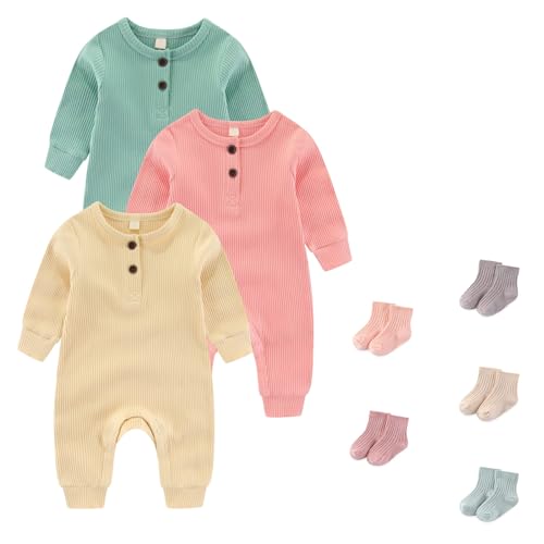 Image of JELYLOVE Unisex Long Sleeve Baby Romper And Sock Solid infant Boy Girl Jumpsuits 0-24Months New Born Outfits