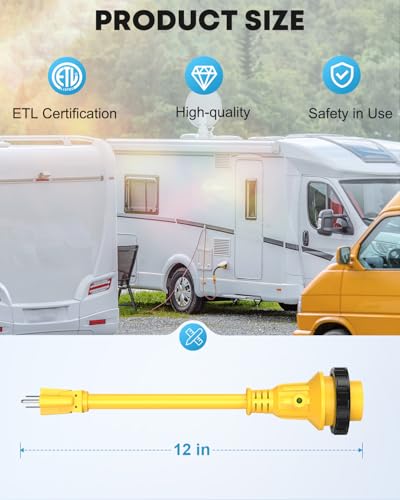Image of Kohree RV Adapter Plug 30 Amp to 15 Amp 110V, RV Power Electrical Adapter Cord 15A Male to 30A Female 12 inch with Twist Lock & LED Indicator
