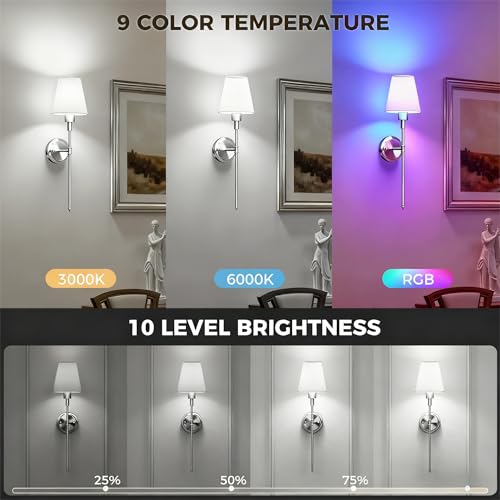 Image of DORESshop Battery Operated Wall Sconce Set of 2, Wireless Wall Light Easy to Install, 7 Color Rechargeable Wall Sconces, Sconce Wall Decor Set of 2 for Bedroom, Living Room, Chrome, 24.6in
