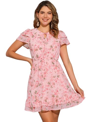 Image of Allegra K Women's Ruffle Sleeve Self-Tie V Neck Flowy Ruffled A-Line Floral Chiffon Dress