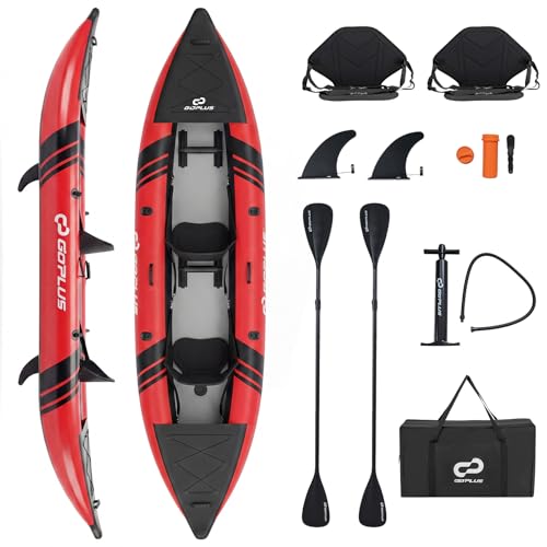 COSTWAY Juego de Kayak Hinchable 2 Plazas, 381 cm Barca Hinchable Portátil con Capacidad de 230 kg, 2 Asientos Acolchados y Reposapiés Ajustables, Remos de Aluminio y Bomba de Mano (Rojo)