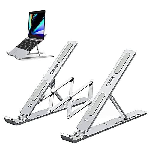 Image of Atevon Foldable Aluminum Laptop Stand - 6-Level Adjustable Riser for 10-15.6 MacBook, Notebooks & Tablets | Portable Holder for Desk, Office, Reading (Silver)