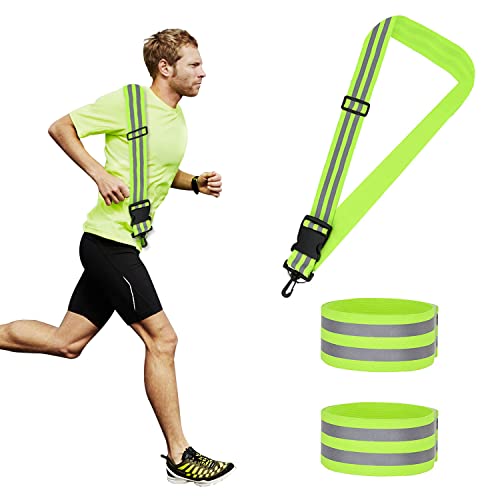 Feliciay 3 cinturones reflectantes para correr, de alta visibilidad, ajustable, luz de seguridad nocturna, cinturón reflector con pulsera reflectante, cinturón reflectante para hombres, mujeres y