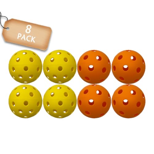 Gloperti Pickleball Balls Specifically Optimized Design Pickleball Balls, Flight Trajectory is Stable, 4 Yellow 40 Holes Outdoor Balls and 4 Orange 26 Holes Indoor Balls Pack of 8 with A Mesh Bag