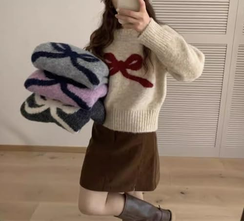 Knit Pullover Sweaters for Women Y2k Bow Loose Fit Chunky Sweater Oversized Cute Lightweight Tops Spring Fall3