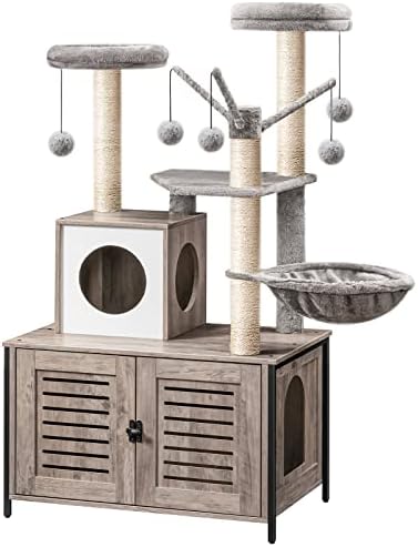 HOOBRO Cat Tree with Litter Box Enclosure, All-in-One Wooden Cat Tower, Cat Furniture for Indoor Cats, Cat Condo with Hammock, Detachable Teaser Sticks, Greige BG14MZ03