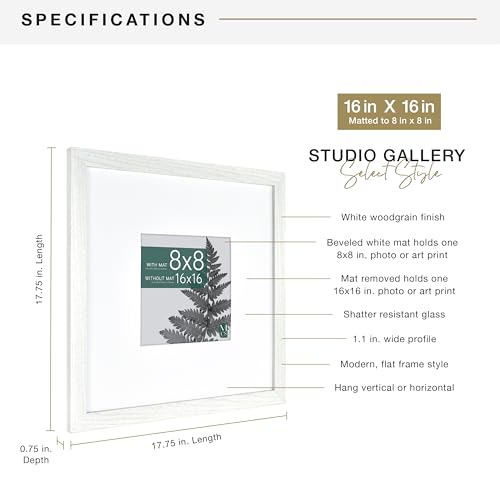 MCS Studio Gallery 16x16 Matted Photo Frame with 8x8 Picture Display, White Woodgrain Vertical & Horizontal Wall Hanging Large Picture Frame for Photos & Art Prints (1-Pack)