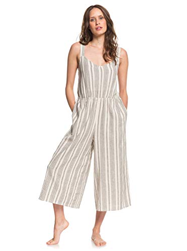Roxy Womens Take Care - Cropped Wide Leg Strappy Jumpsuit - Women - M - Beige Ivory Cream Stripe M
