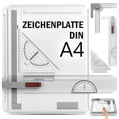 XEIYEI Zeichenplatte DIN A4 Multifunktions Zeichenplatte Set mit Drehkreis Zirkel A4 Zeichenbrett Schnellzeichendreieck mit Parallel-Lineal und L-System für Studenten Designer exaktes Arbeiten