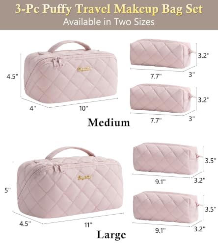 Image of Travel Makeup Bag, Large Capacity Puffy Toiletry & Cosmetic Bag for Women | 3 PCS Open Flat Quilted Makeup Cosmetic Organizer, Waterproof w /Clear Divider Portable Pouch for Skincare Travel Essentials