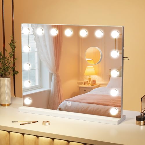 S'bagno Vanity Mirror with Lights, 12 Dimmable LED Bulbs Hollywood Mirror, 3 Color Modes & Memory Function Makeup Mirror with Lights, Detachable 10X Magnification, Touch Control, USB-A(19''x14'')