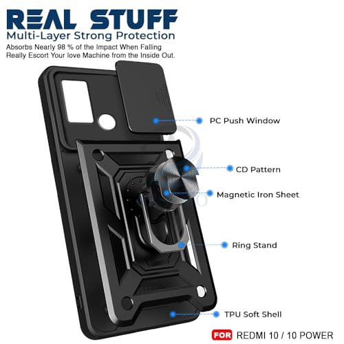 Image of AESTMO Tough Armor Redmi 10 /10 Power Bumper Back Case Cover | Ring Holder & Sliding Camera Shield Cover | 360 Degree Protection Back Case Cover for Redmi 10 /10 Power (Black)