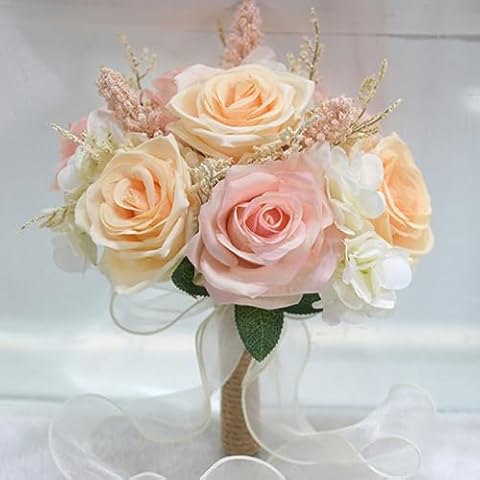 LESING Bridal Wedding Bouquets Artificial Rose Flowers Bouquet Handmade Romantic Wedding Bouquets for Bride Bridesmaid Holding Flowers (Bouquet-Rose Pink) Cover