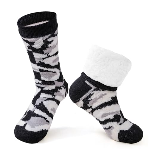 YEEKAORA Mens Slipper Socks with Non-Slip Grippers Thermal Fuzzy Warm Sherpa Lining Thick Indoor Sleeping Christmas Socks (Camouflage Black)